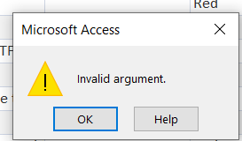 erreur d'argument non valide de MS Access